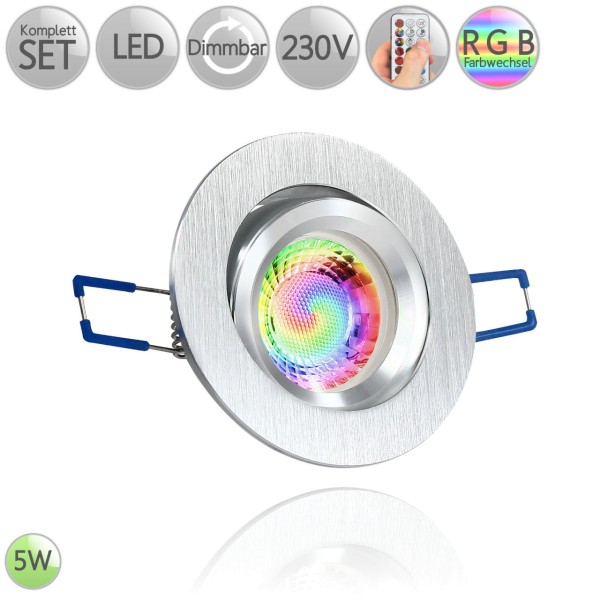 Alu Einbaustrahler Rund in Alu-gebürstet inkl. 3W LED GU10 RGB Farbwechsel dimmbar HO