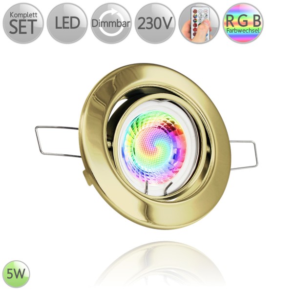 Metall Einbaustrahler Rund in Gold inkl. 3W LED GU10 RGB Farbwechsel dimmbar HO