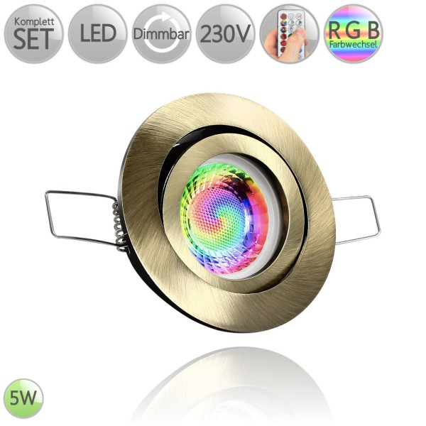 Druckguss Klick Einbaustrahler Rund in Altmessing inkl. 3W LED GU10 RGB Farbwechsel dimmbar HO